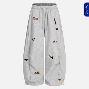 Aelfric Eden Light Gray Wide Leg Sweatpants with Multicolor Dog Embroidery